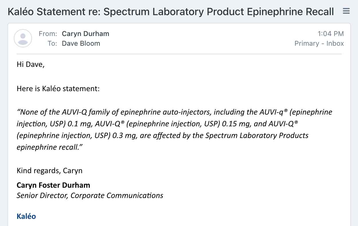 Kaléo Responds Regarding AuviQ Family of AutoInjectors in Light of