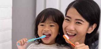 Mom and Daughter Brushing Teeth