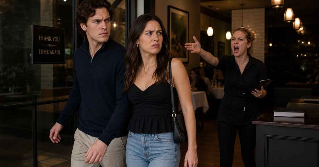 Couple Leaving Restaurant with Waitress Yelling — AI Generated