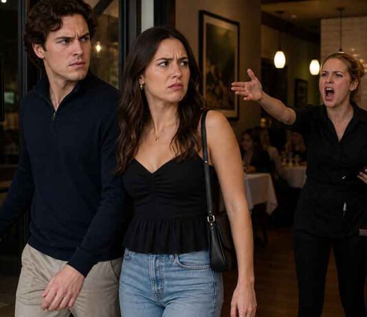 Couple Leaving Restaurant with Waitress Yelling — AI Generated