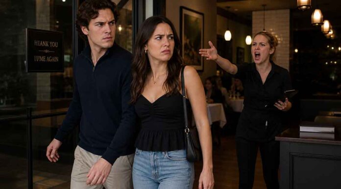 Couple Leaving Restaurant with Waitress Yelling — AI Generated