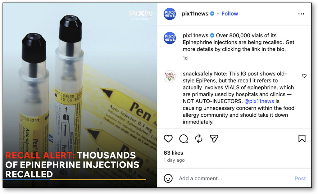 No, Your EpiPens Have Not Been Recalled: Correcting the WPIX Instagram Post 1 WPIX News IG Post